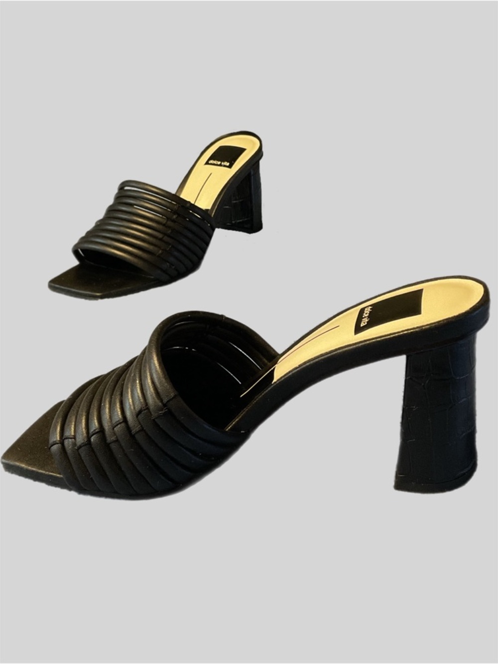 Dolce Vita Mules 6.5 Sandals Black Embossed Block Heel Summer Shoes - Picture 3 of 16